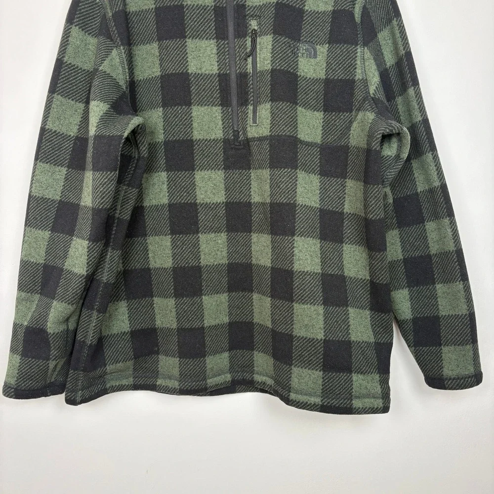 The North Face Mens 1/4 Zip Fleece Sweater XXL Green Plaid Pocket Elbow Patches